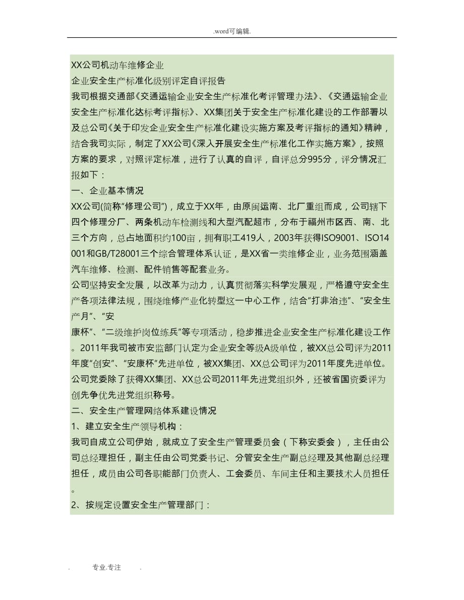 某公司机动车维修企业企业安全生产标准化级别评定的自评报告(精)_第1页