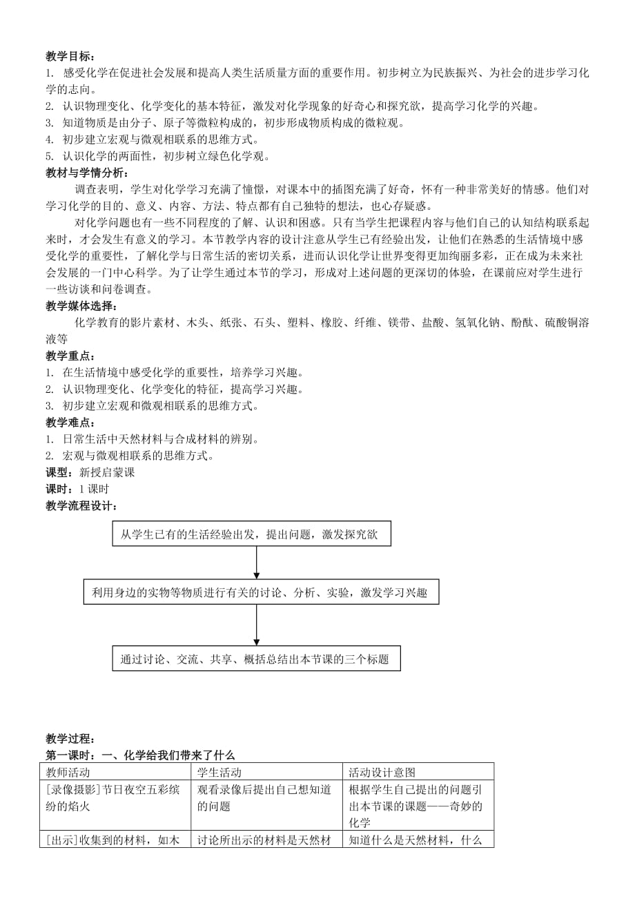 九年级化学全册第一单元化学改变了世界1.1奇妙的化学教案2鲁教版.doc_第1页