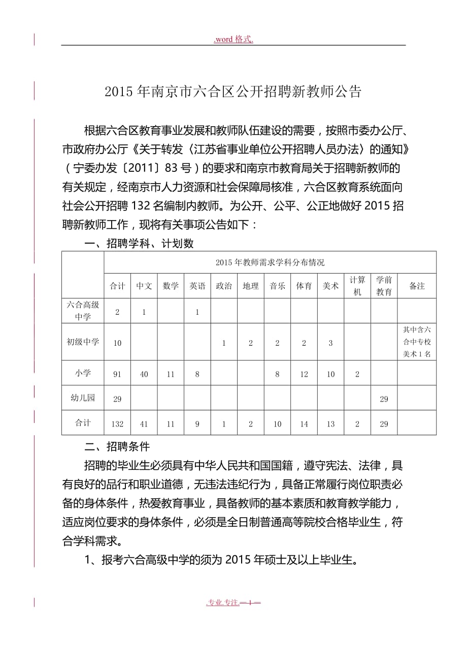 2015年南京六合区公开招聘新教师公告_第1页