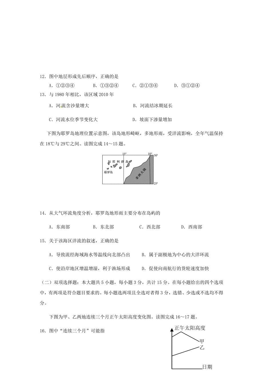 江苏省2019届高三学情摸底地理试题Word版_第5页