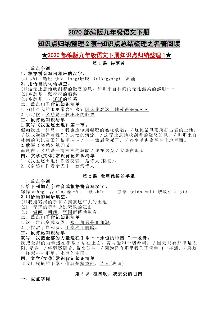 2020部编版九年级语文下册知识点归纳整理2套+知识点总结梳理之名著阅读_第1页