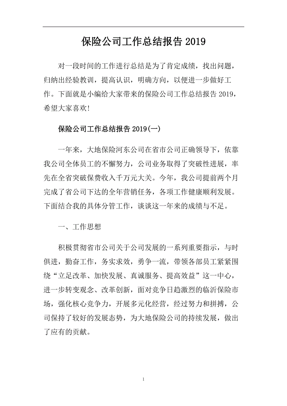 保险公司工作总结报告2019.doc_第1页