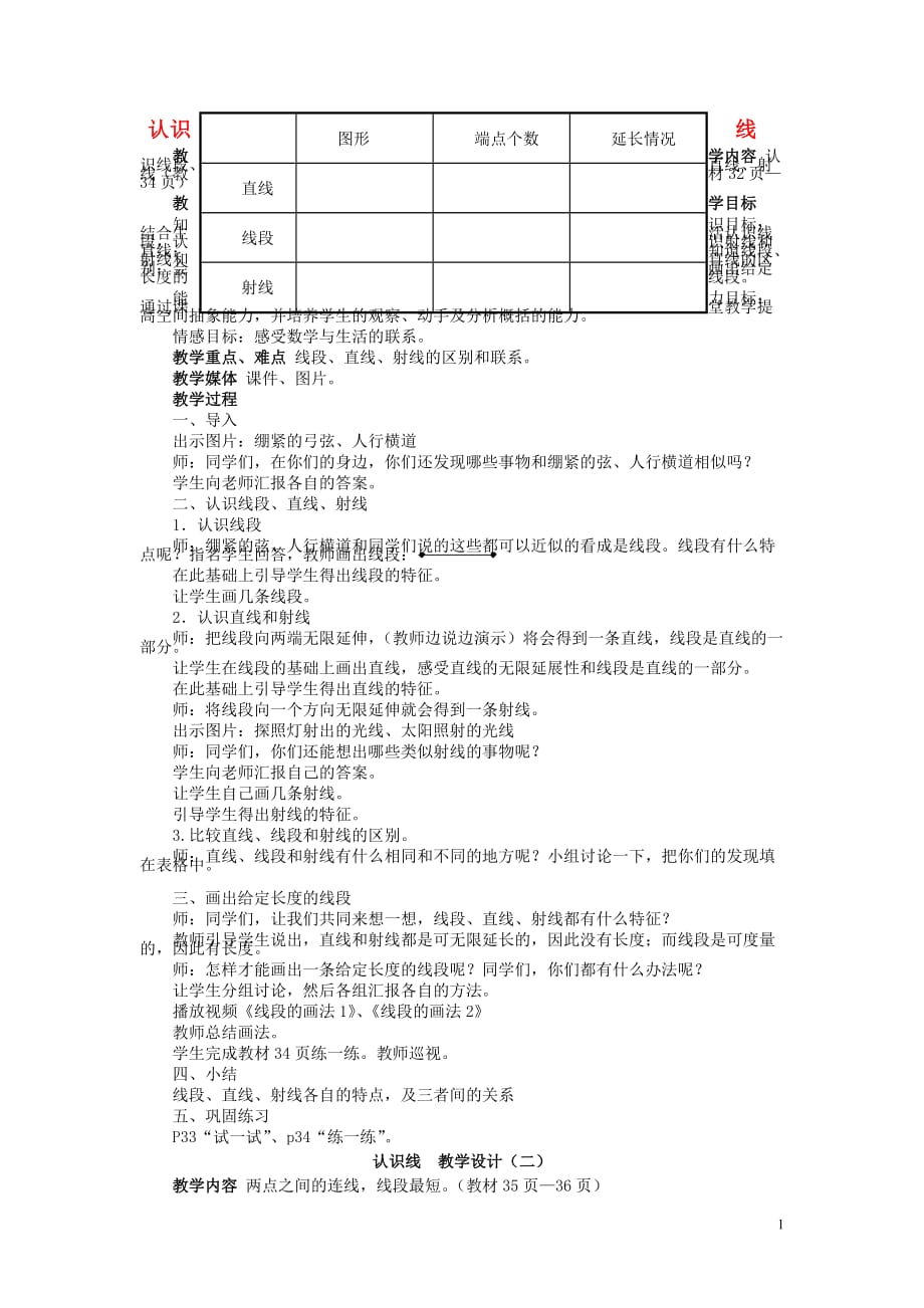 四年级数学上册四线和角4.1认识线教学设计冀教.doc_第1页