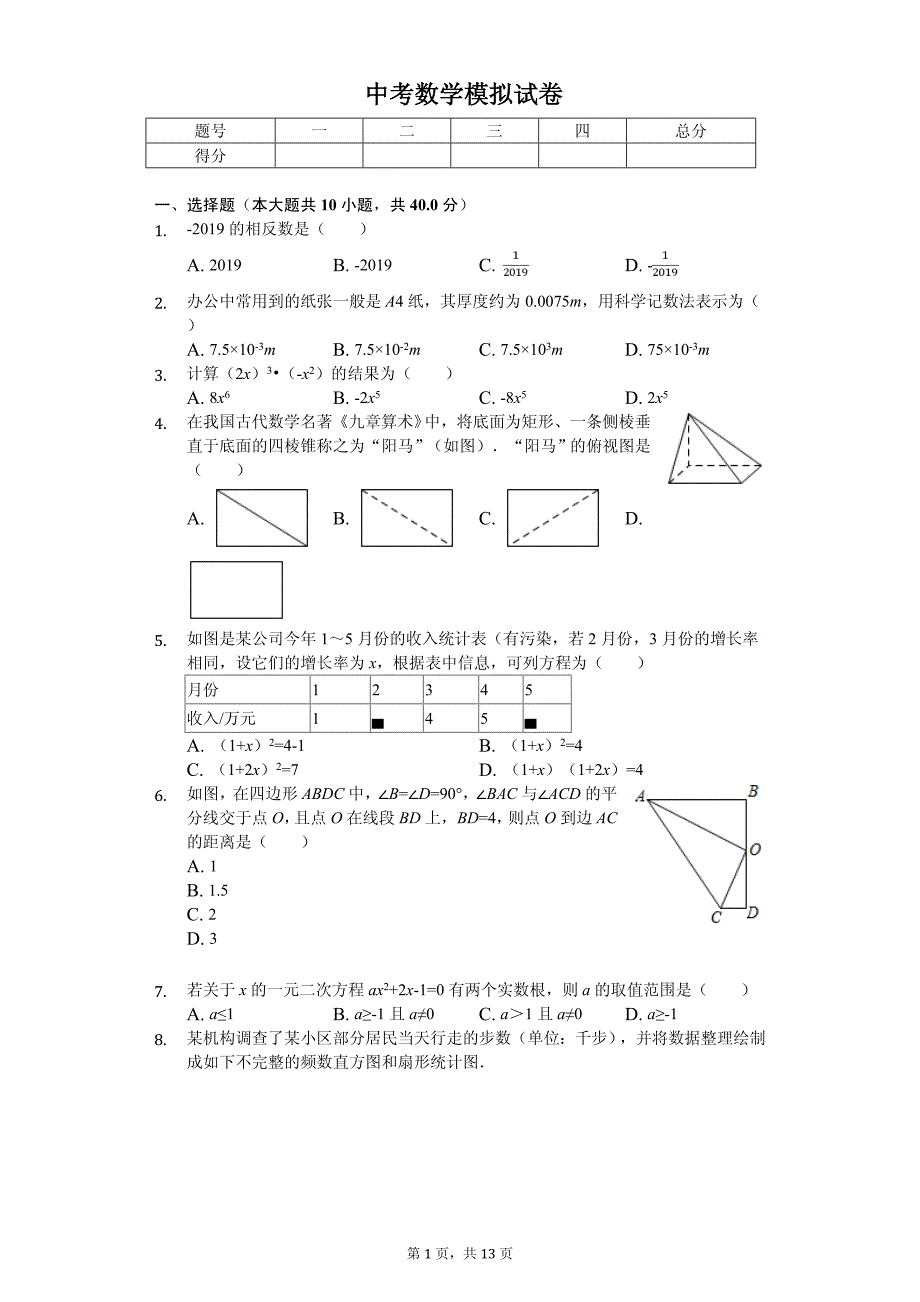 安徽省阜阳市六校联考中考数学模拟试卷_第1页