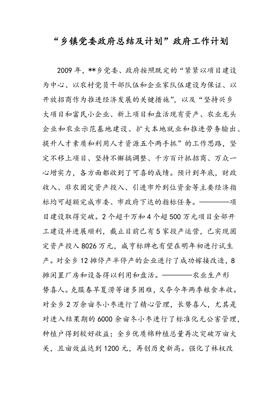 乡镇党委政府总结及计划政府工作计划_第1页