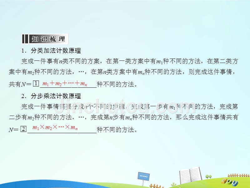 2017届高三数学一轮总复习 第十章 计数原理、概率、随机变量及其分布列 10.1 分类加法计数原理与分步乘法计数原理课件_第5页