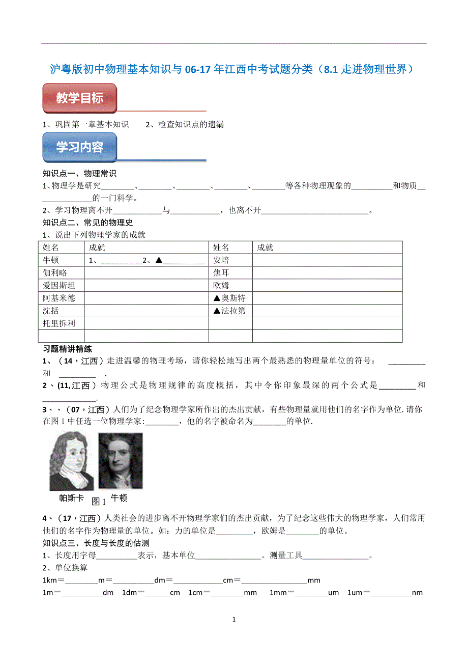 1走进物理世界沪粤版初中物理基本知识与06-17年江西中考试题分类.docx_第1页