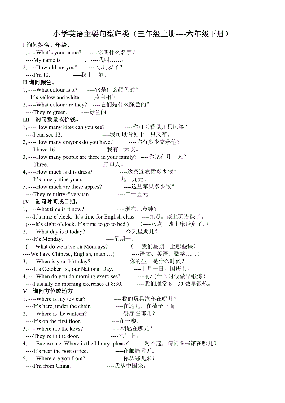 人教版PEP小学英语主要句型归类_第1页