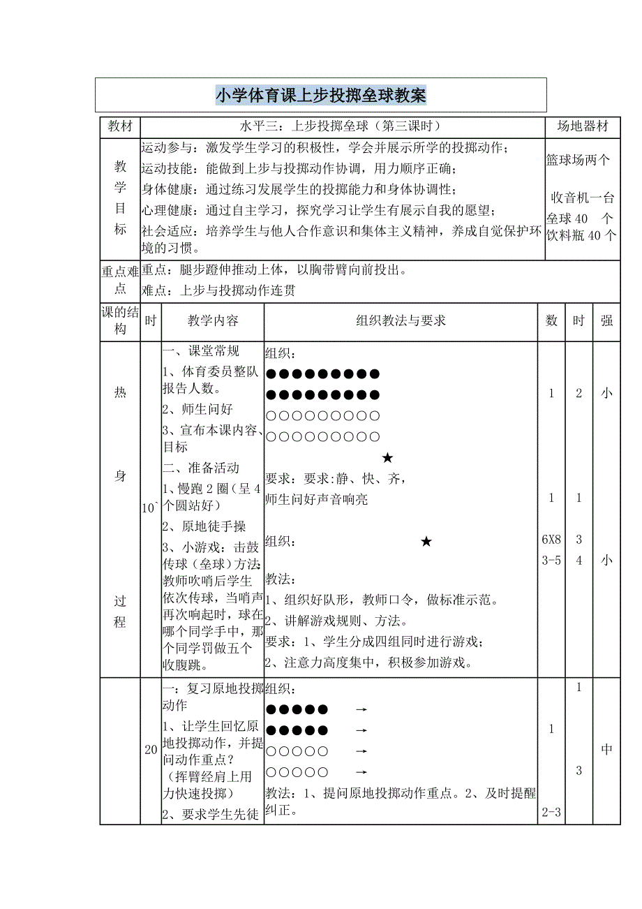 四年级体育教案 上步投掷垒球_第1页