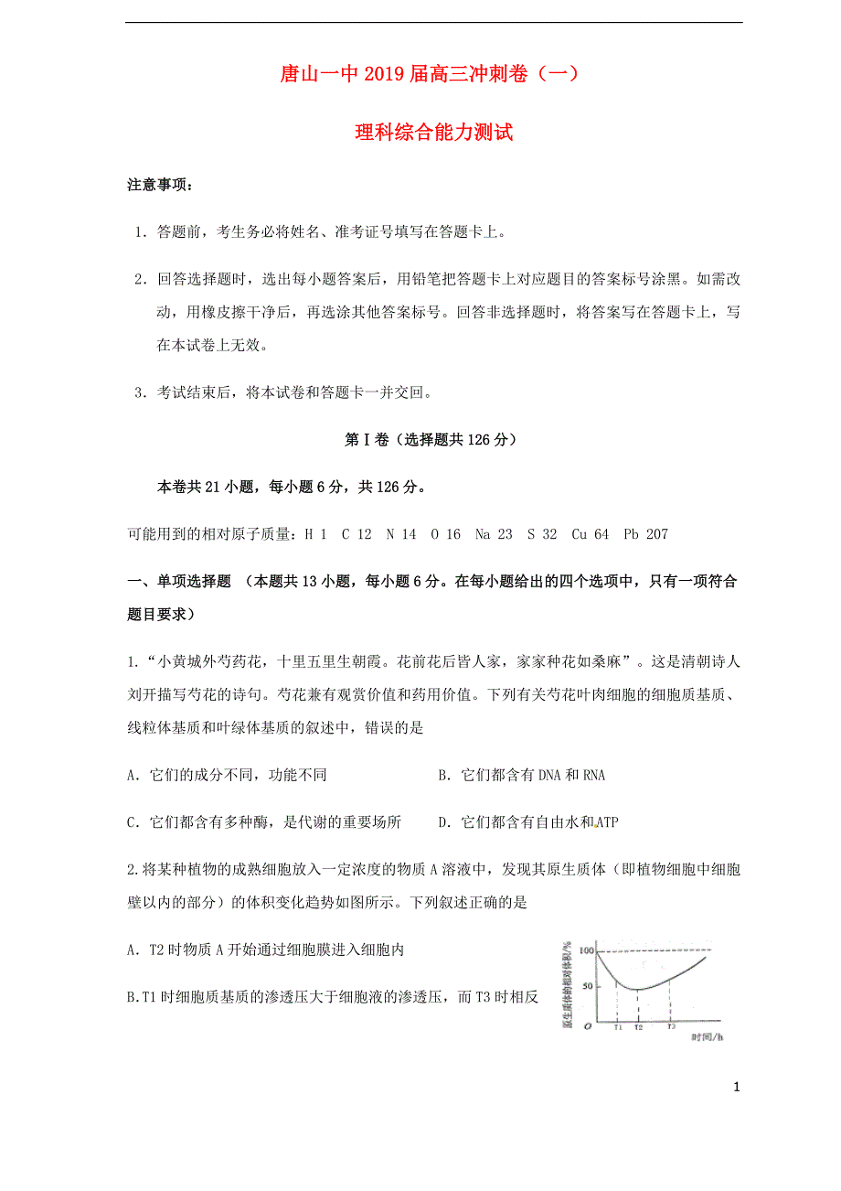 河北省高三理综下学期4月冲刺考试试题.doc_第1页