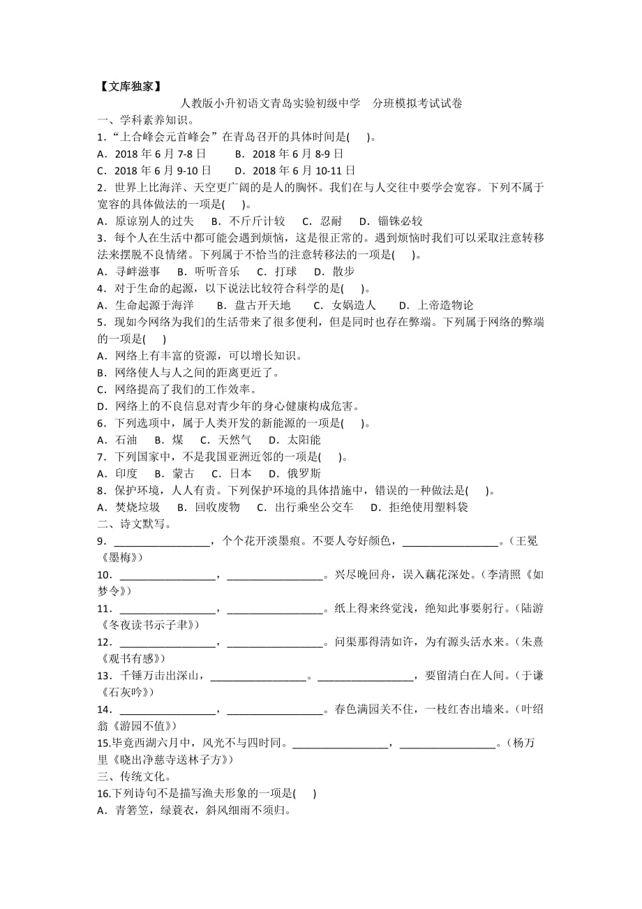 2020人教版小升初语文青岛实验初级中学分班模拟考试试卷_第1页