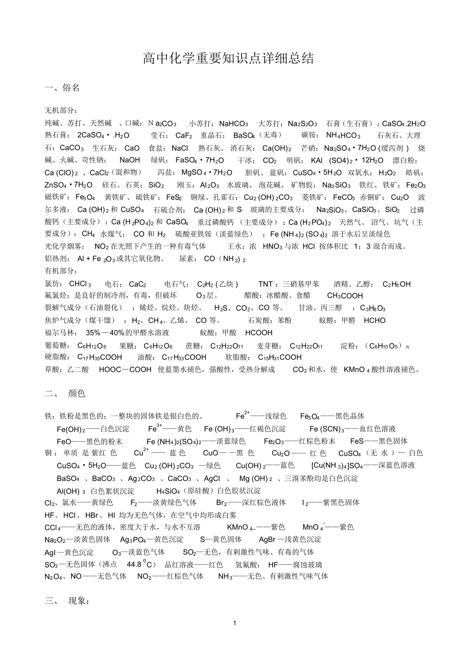 高中化学重要知识点详细总结强列推荐_第1页