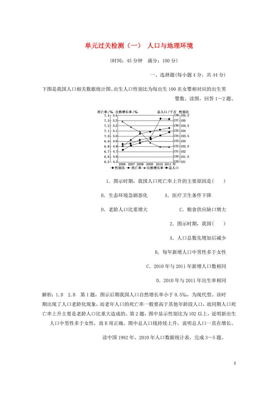 高中地理单元过关检测一人口与地理环境含解析鲁教必修2.doc_第1页