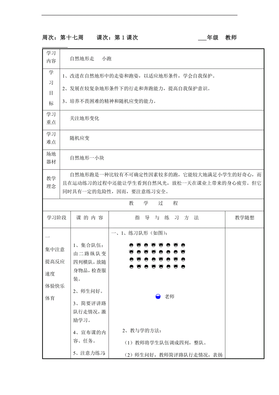 六年级上册体育教案第17周 第1次课 自然地形走 小跑_第1页