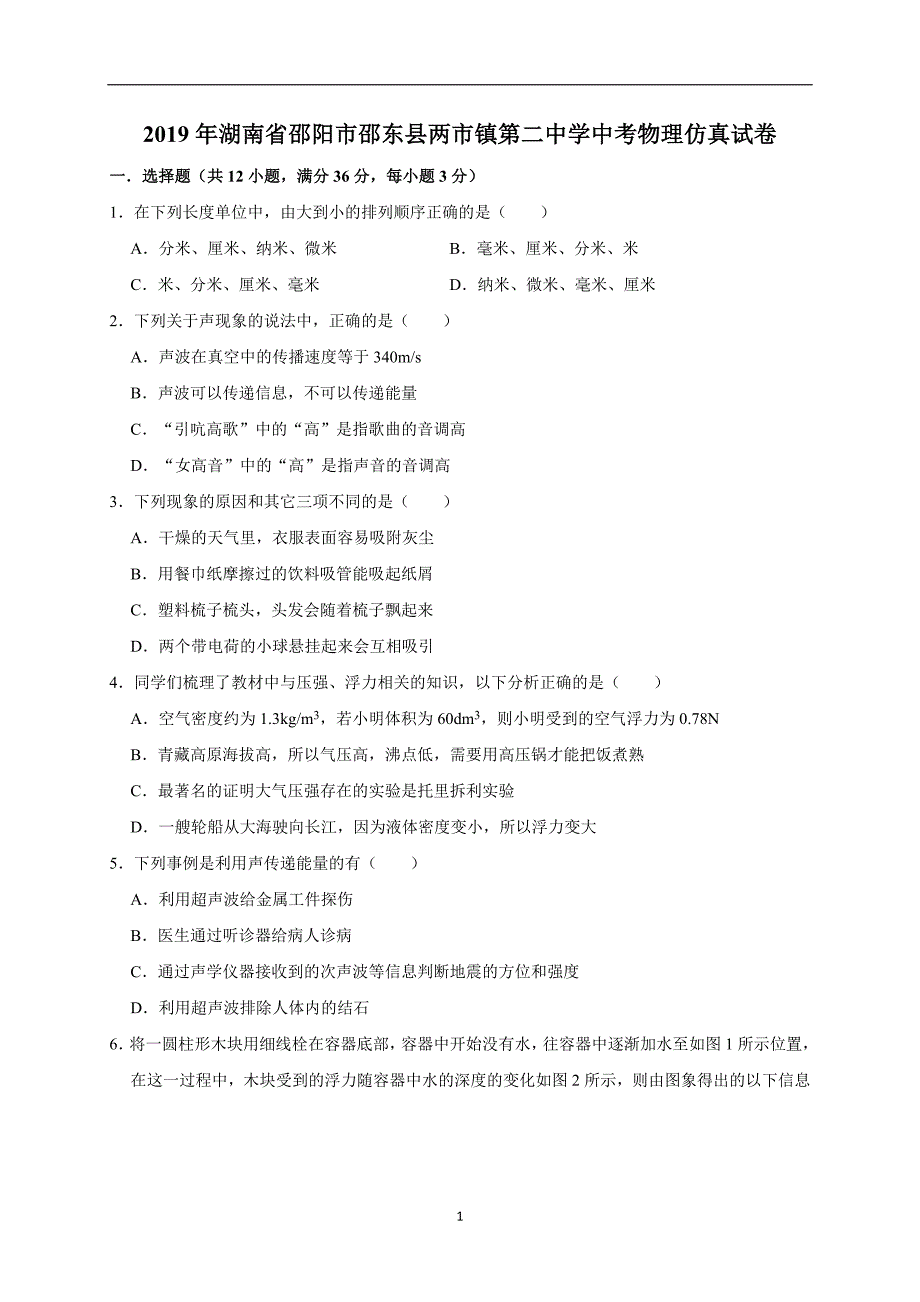 2019年湖南省邵阳市邵东县两市镇第二中学中考物理仿真试卷（解析版）_10164738.doc_第1页