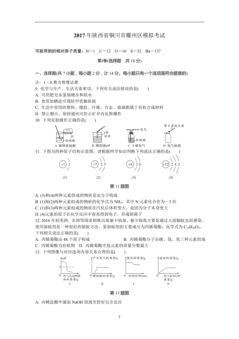 2017年陕西省铜川市耀州区模拟考试（含答案）_7112168.doc_第1页