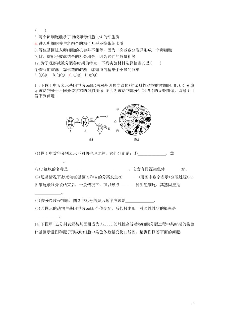 山东省平邑县高中生物第二章基因和染色体的关系第1节减数分裂和受作用（一）学案（无答案）新人教版必修2_第4页