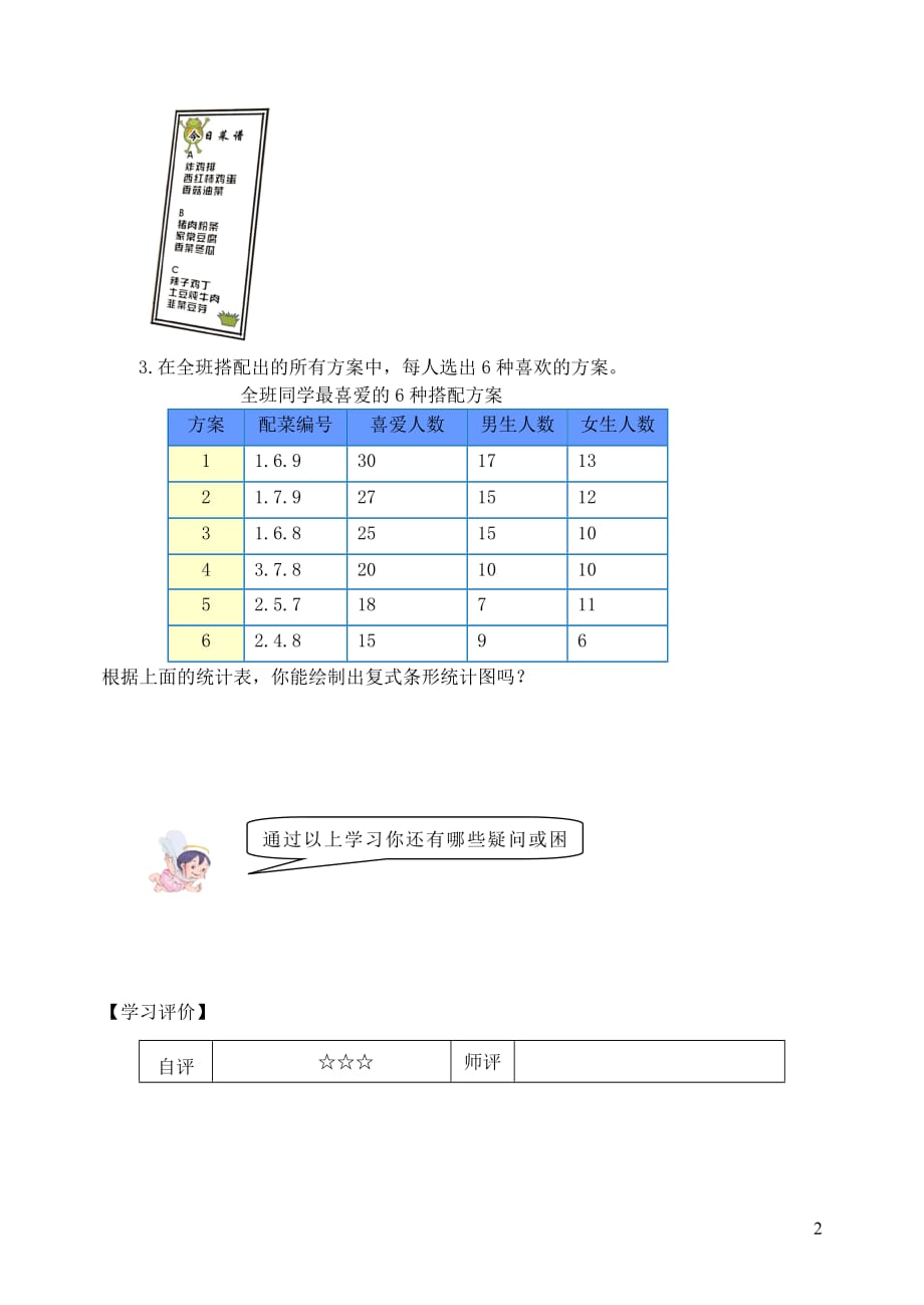 四年级数学下册8平均数与条形统计图营养午餐学案（无答案）新人教版_第2页