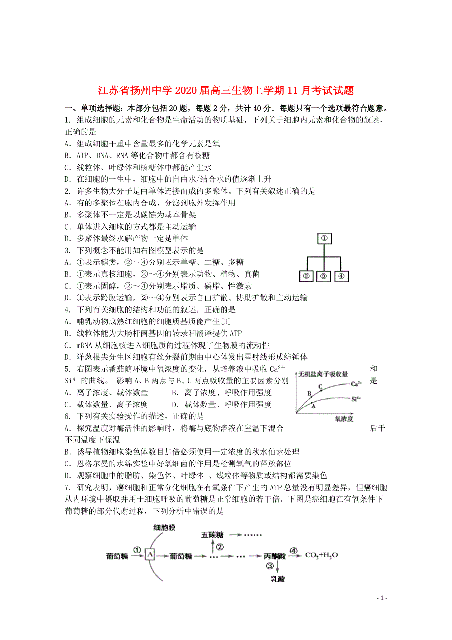 江苏省2020届高三生物上学期11月考试试题_第1页