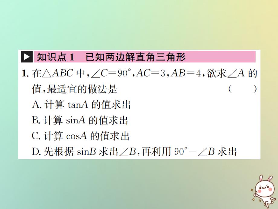 2018-2019学年九年级数学下册 第二十八章 锐角三角函数 28.2 解直角三角形及其应用 28.2.1 解直角三角形习题优质课件 （新版）新人教版_第2页