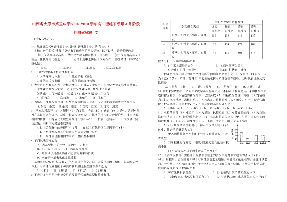 山西省2018_2019学年高一理综下学期4月阶段性测试试题文_第1页