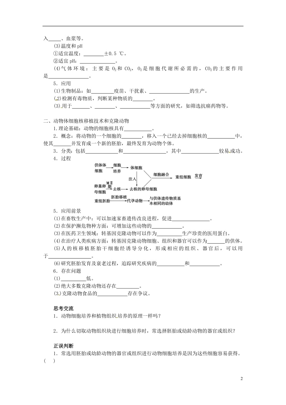 山东省平邑县高中生物第二章细胞工程2.2.1动物细胞培养和核移植技术学案（无答案）新人教版选修3_第2页