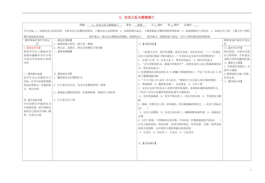 山西省泽州县晋庙铺镇七年级历史下册第一单元隋唐时期：繁荣与开放的时代5安史之乱与唐朝衰亡学案（无答案）新人教版_第1页