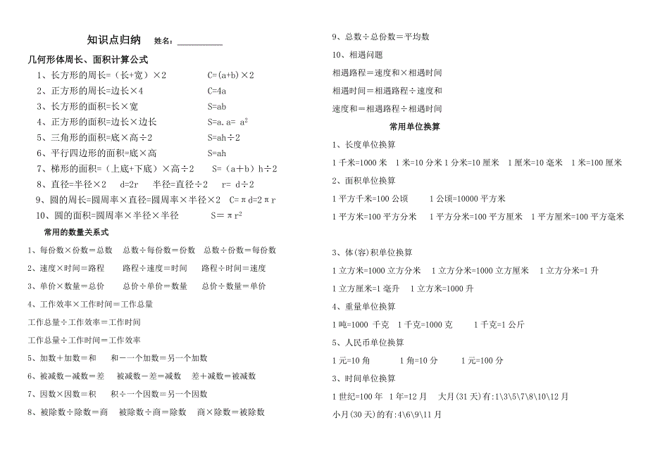 六年级上册数学知识点素材 期末复习知识点总结北师大版_第1页