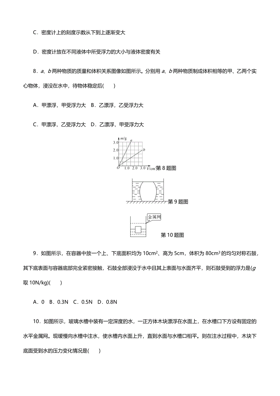 2019年人教版八年级下册物理第10章测试卷及答案_第3页