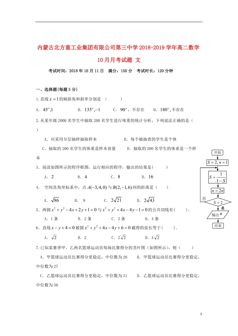 内蒙古2018_2019学年高二数学10月月考试题文201908260356_第1页