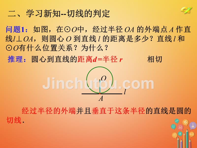 内蒙古鄂尔多斯市康巴什新区九年级数学上册 第24章 圆 24.2 点和圆、直线和圆的位置关系 24.2.2 直线和圆的位置关系（2）切线的判定与性质课件 （新版）新人教版_第5页