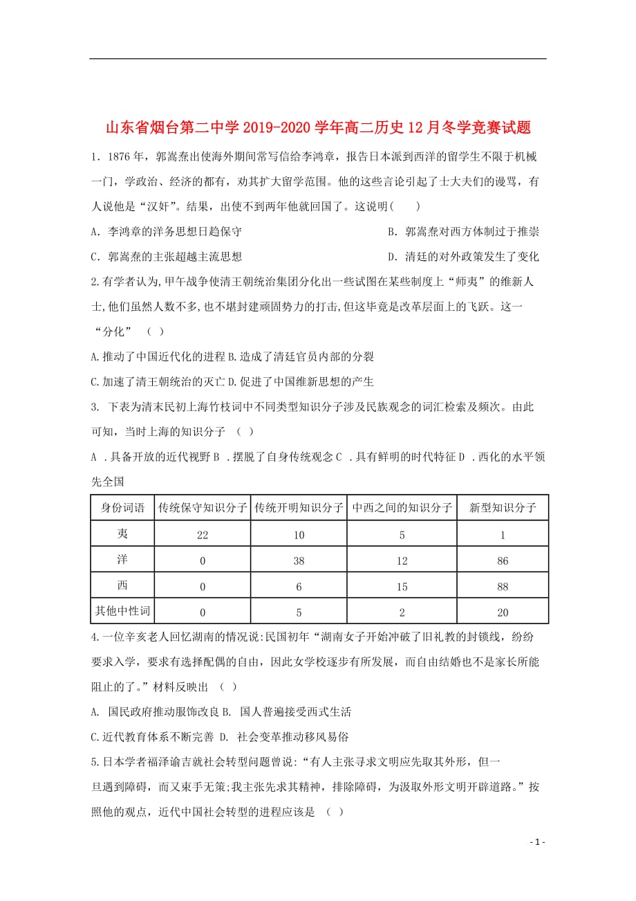 山东省2019_2020学年高二历史12月冬学竞赛试题_第1页