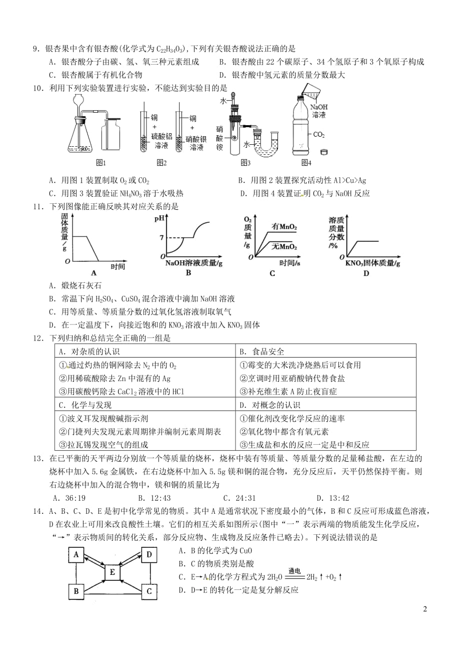 江苏省江阴市2019届九年级化学下学期第一次调研试题_第2页