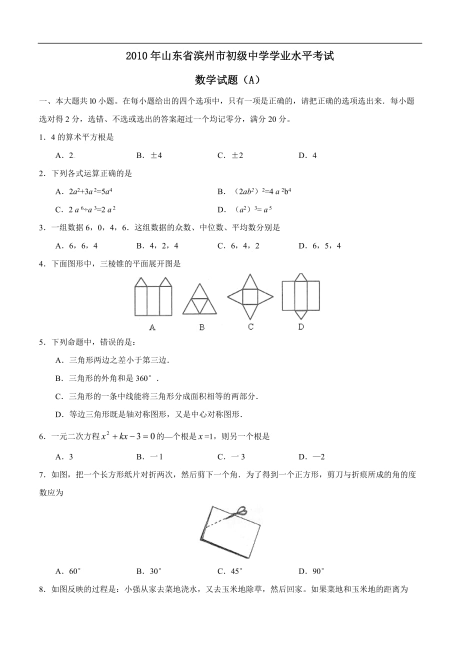 2010年滨州市中考数学试题含答案解析_第1页