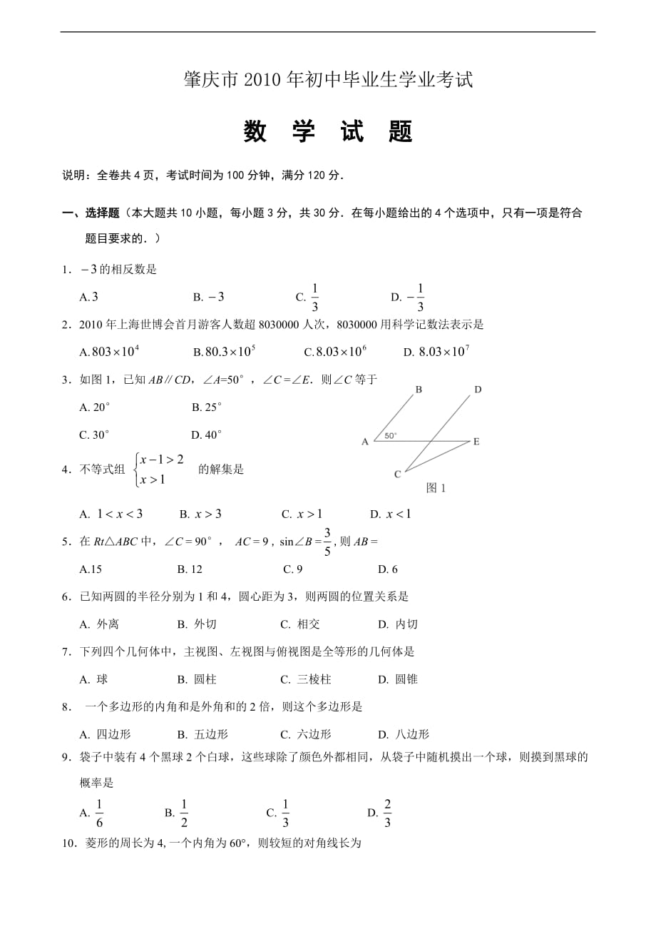 2010年肇庆市中考数学试题含答案解析_第1页