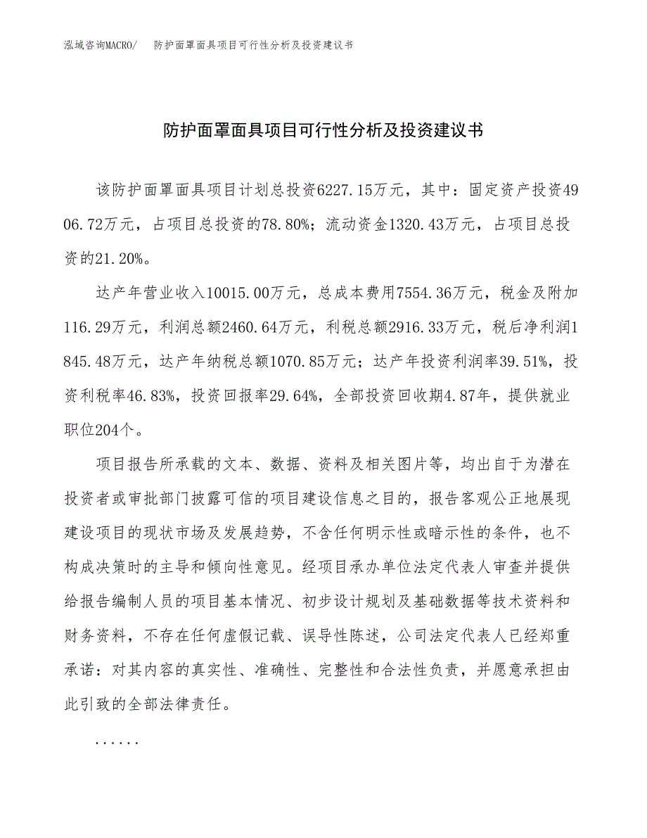 防护面罩面具项目可行性分析及投资建议书.docx_第1页