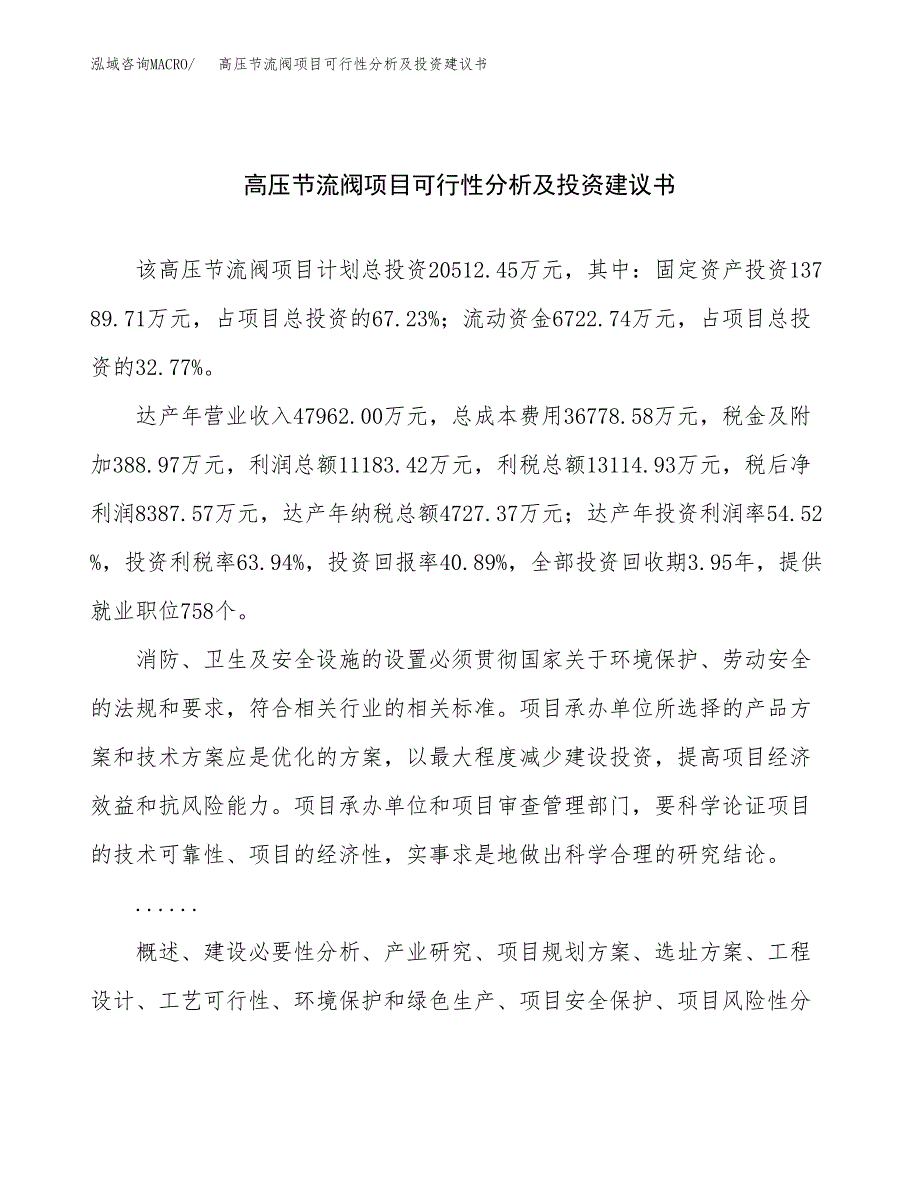 高压节流阀项目可行性分析及投资建议书.docx_第1页