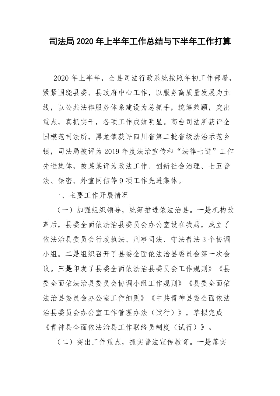 司法局2020年上半年工作总结与下半年工作打算 可借鉴性强可编辑可直接使用_第1页