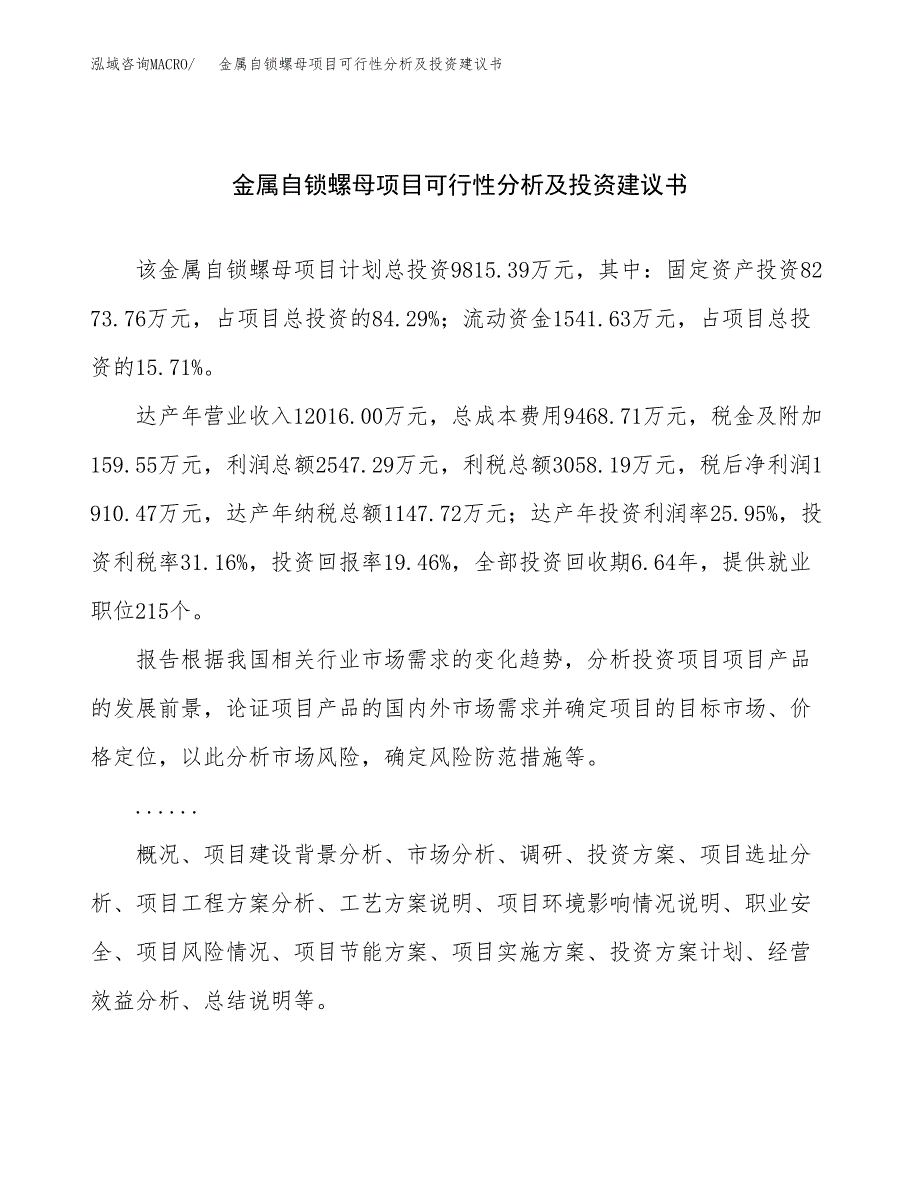 金属自锁螺母项目可行性分析及投资建议书.docx_第1页