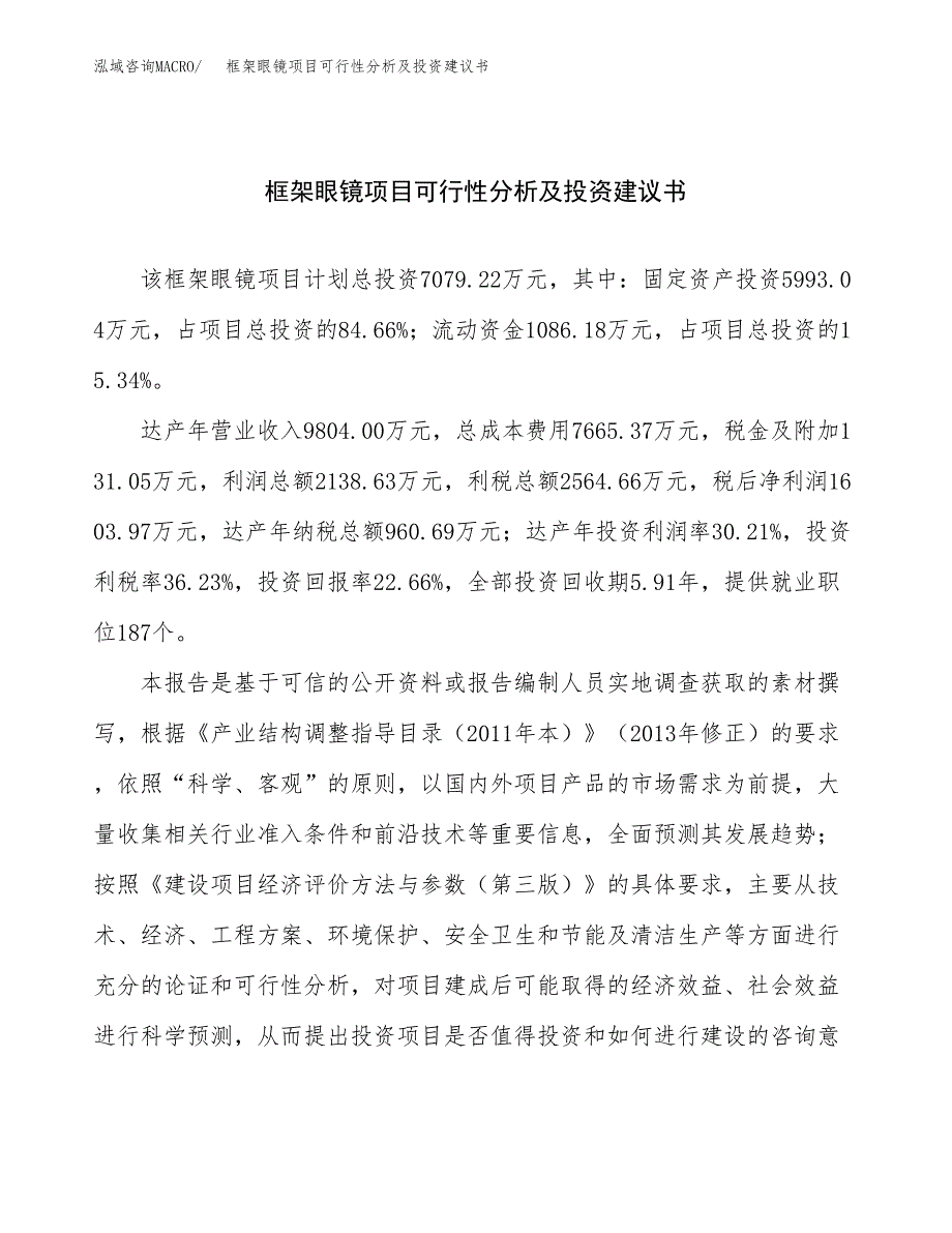 框架眼镜项目可行性分析及投资建议书.docx_第1页