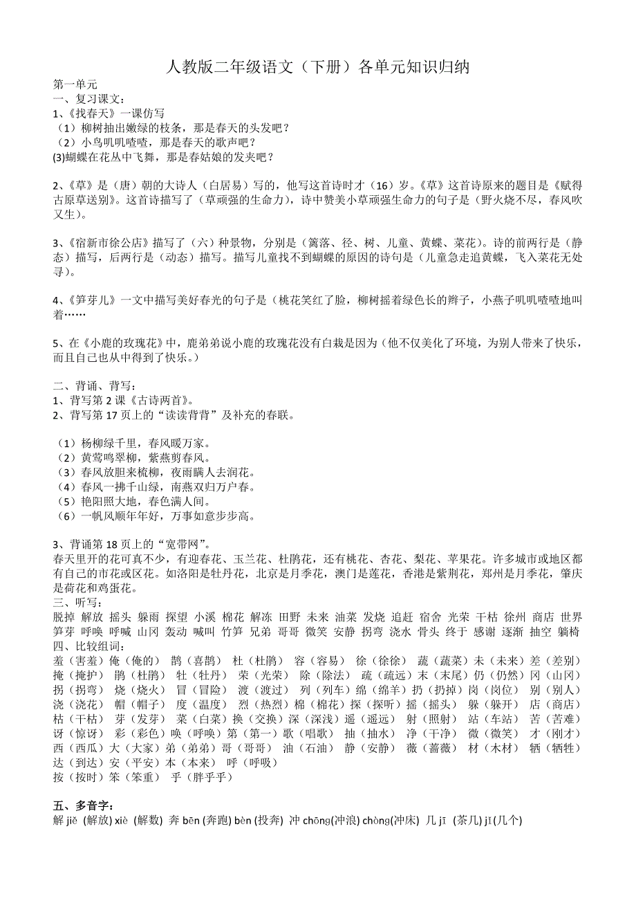 2017年人教版二年级语文下册各单元知识归纳_第1页