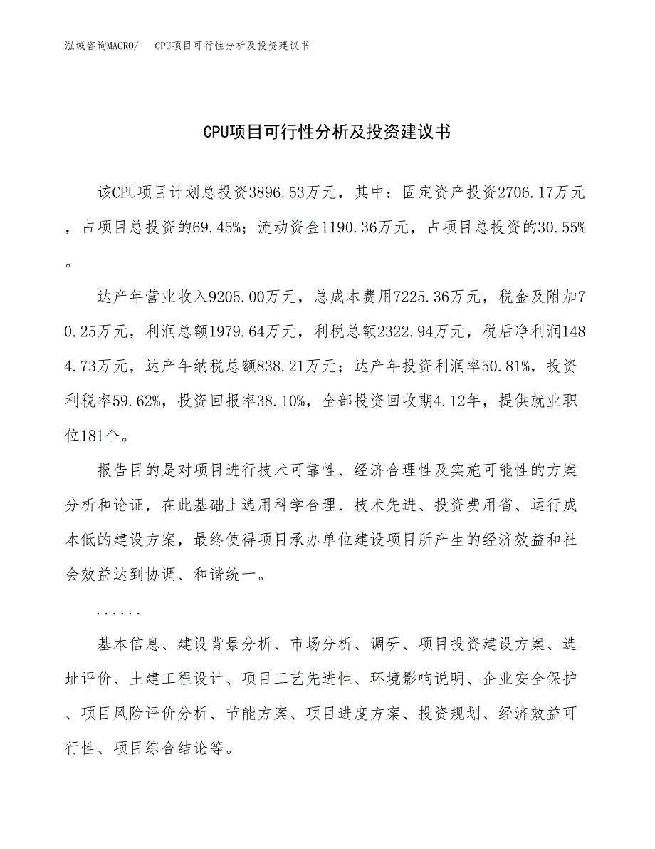 CPU项目可行性分析及投资建议书.docx_第1页