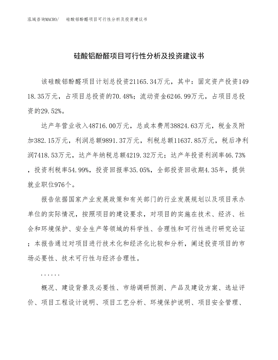 硅酸铝酚醛项目可行性分析及投资建议书.docx_第1页