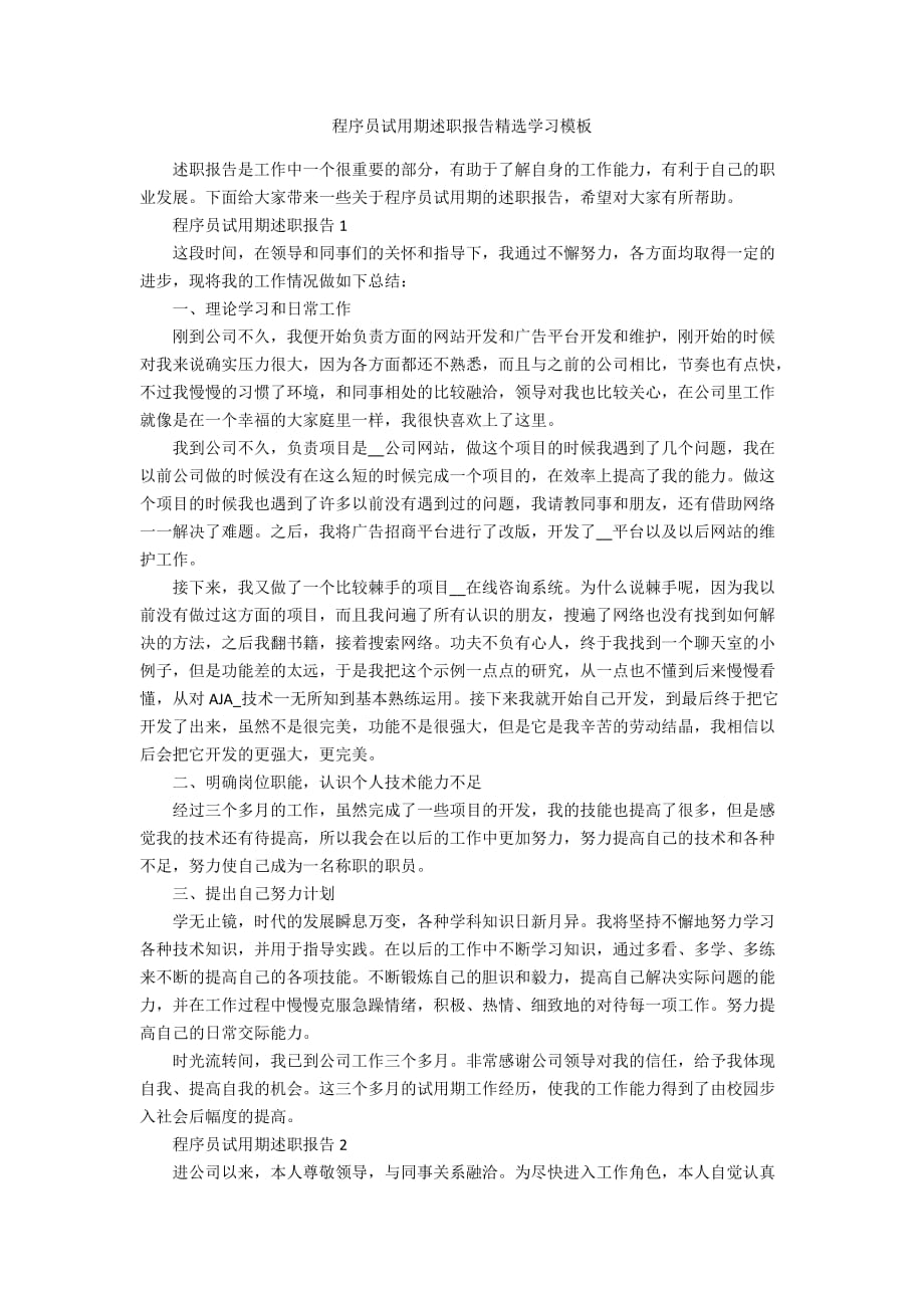 程序员试用期述职报告精选学习模板_第1页