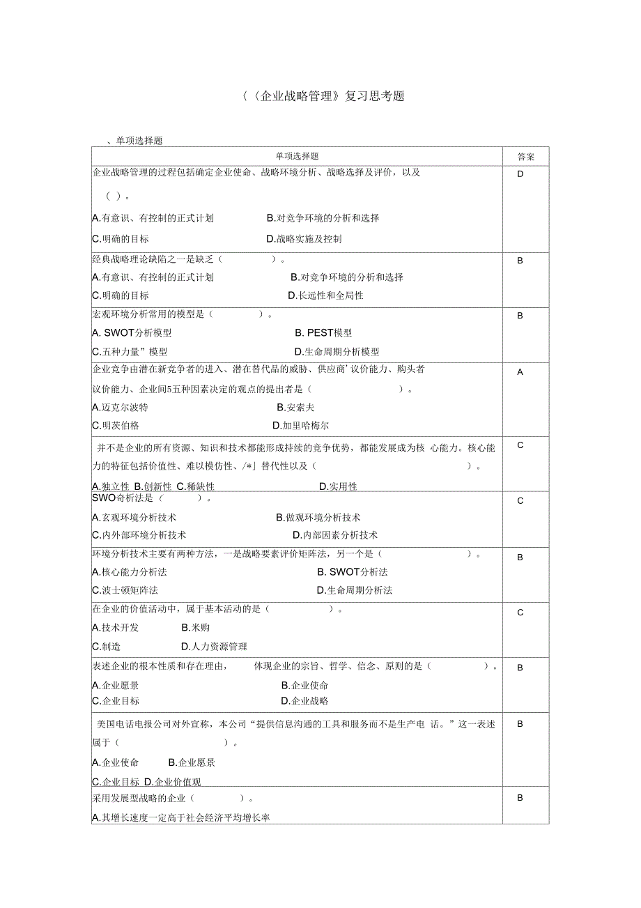 企业战略管理复习思考题上课讲义_第1页