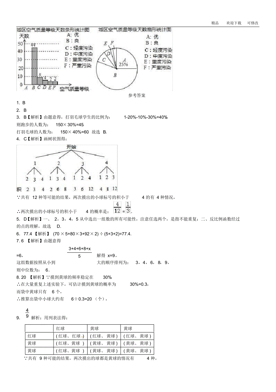 2020中考数学复习方案基础小卷速测(二十)统计与概率相关内容综合_第3页