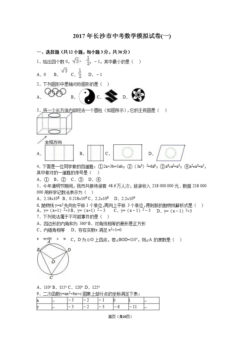 长沙市中考数学模拟试卷(一)（2020年10月整理）.pptx_第1页