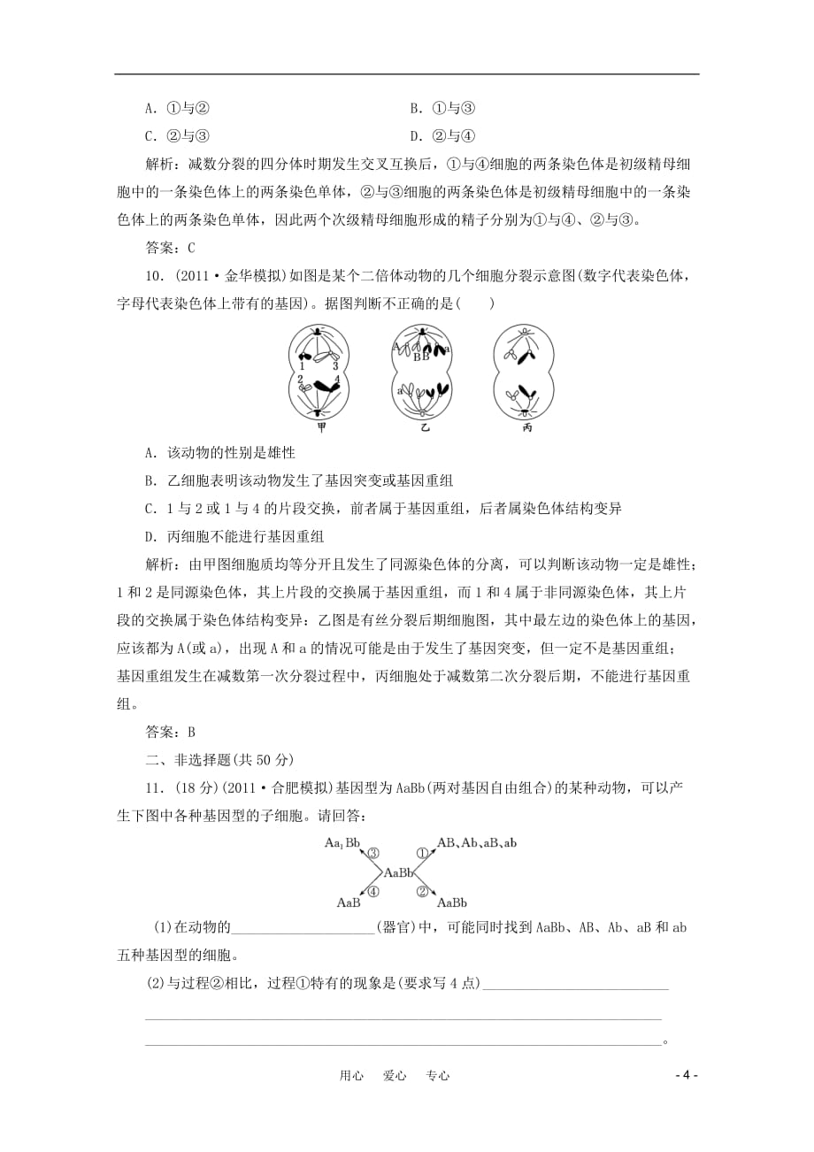 【创新方案】2012高中生物一轮复习课时跟踪检测 第八章 第1节减数分裂和受精作用 新人教版必修2.doc_第4页