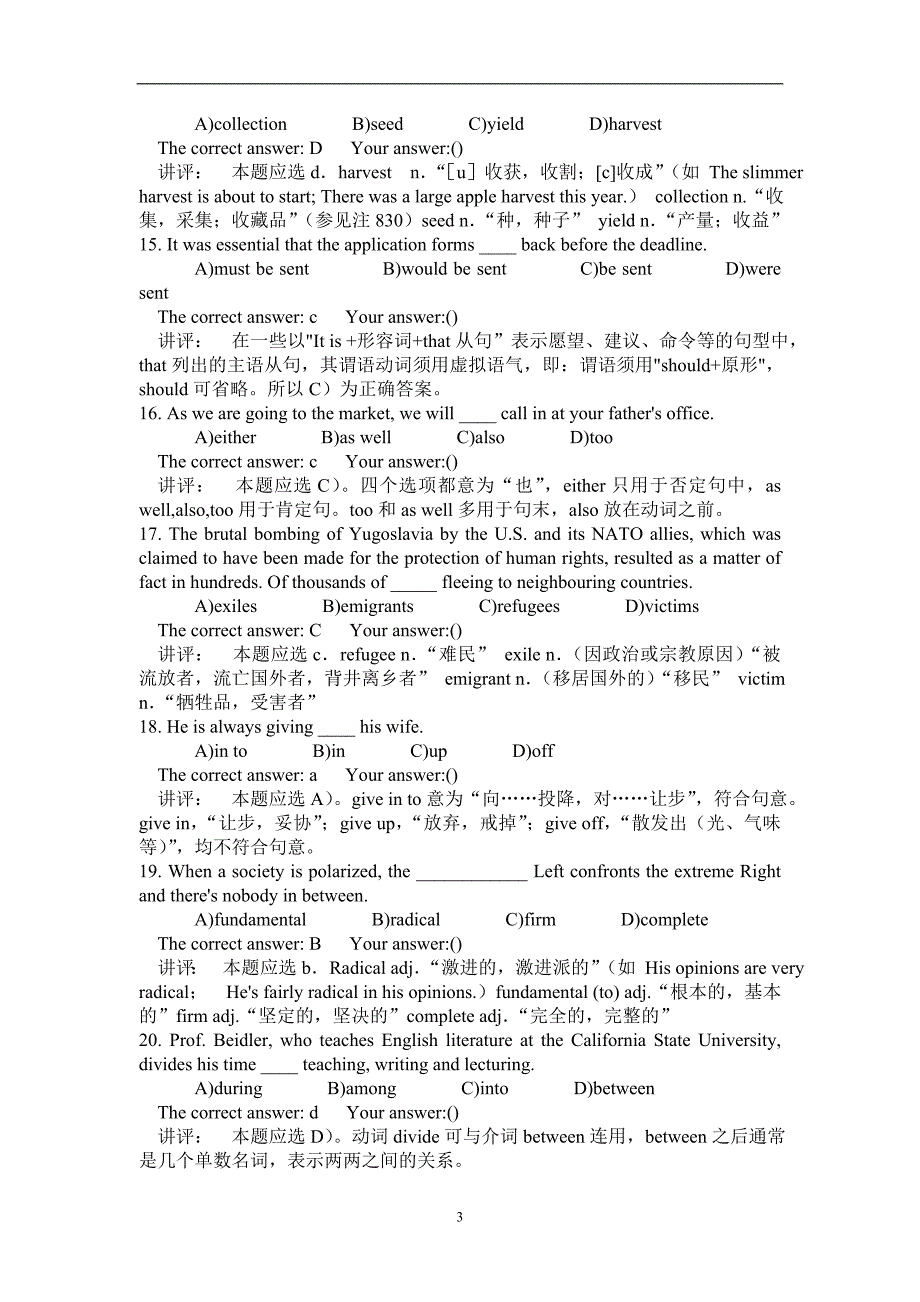 2020年整理大学英语四级强化训练 —— Vocabulary and Structure(附答案及详解).doc_第3页