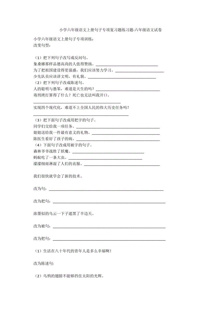 小学六年级语文上册句子专项复习题练习题-六年级语文试卷_第1页